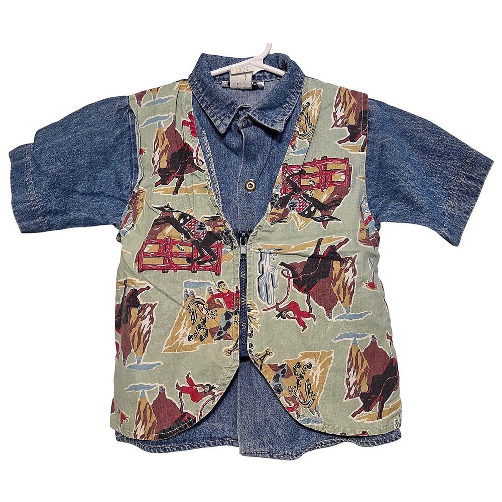 Vintage L.A. Kid 4T Denim Shirt Attached Cowboy Western Print Vest Made USA